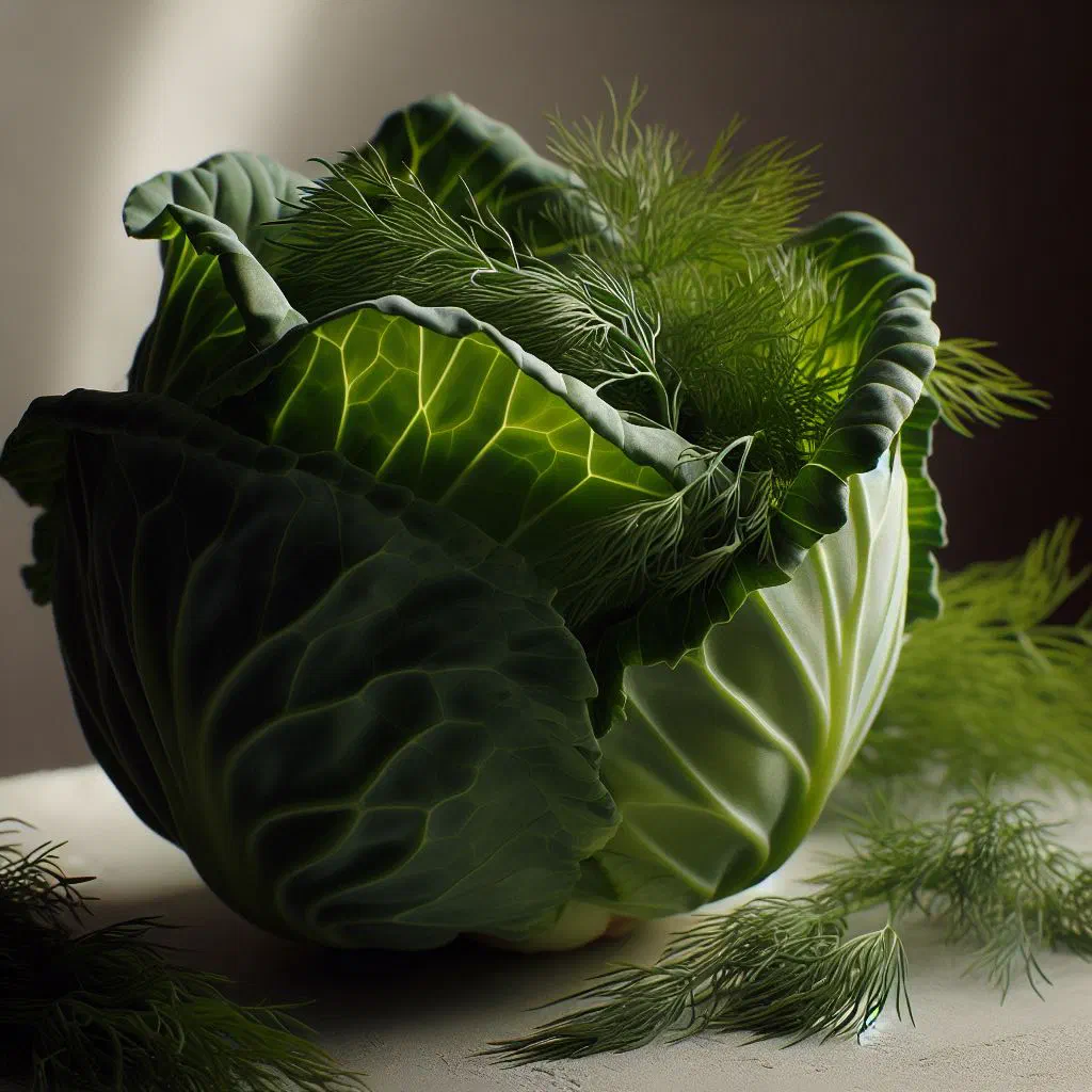 Braised young cabbage with fresh dill in a serving bowl