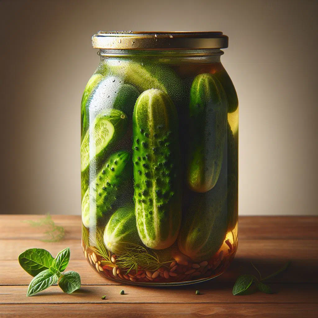 Jar of Polish fermented dill cucumbers with garlic and dill sprigs
