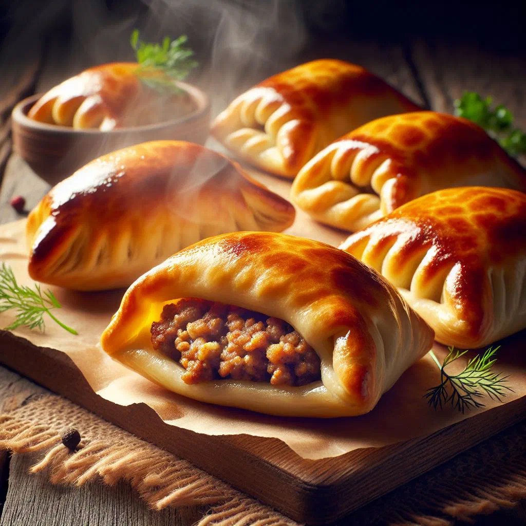 Golden baked Polish meat pastries on a plate
