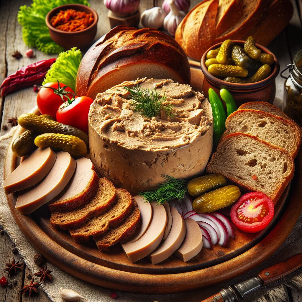 Sliced Polish poultry pâté served with fresh bread and vegetables