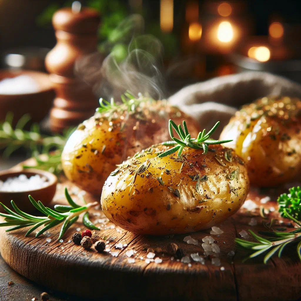 Golden herb-roasted potatoes garnished with fresh rosemary and thyme