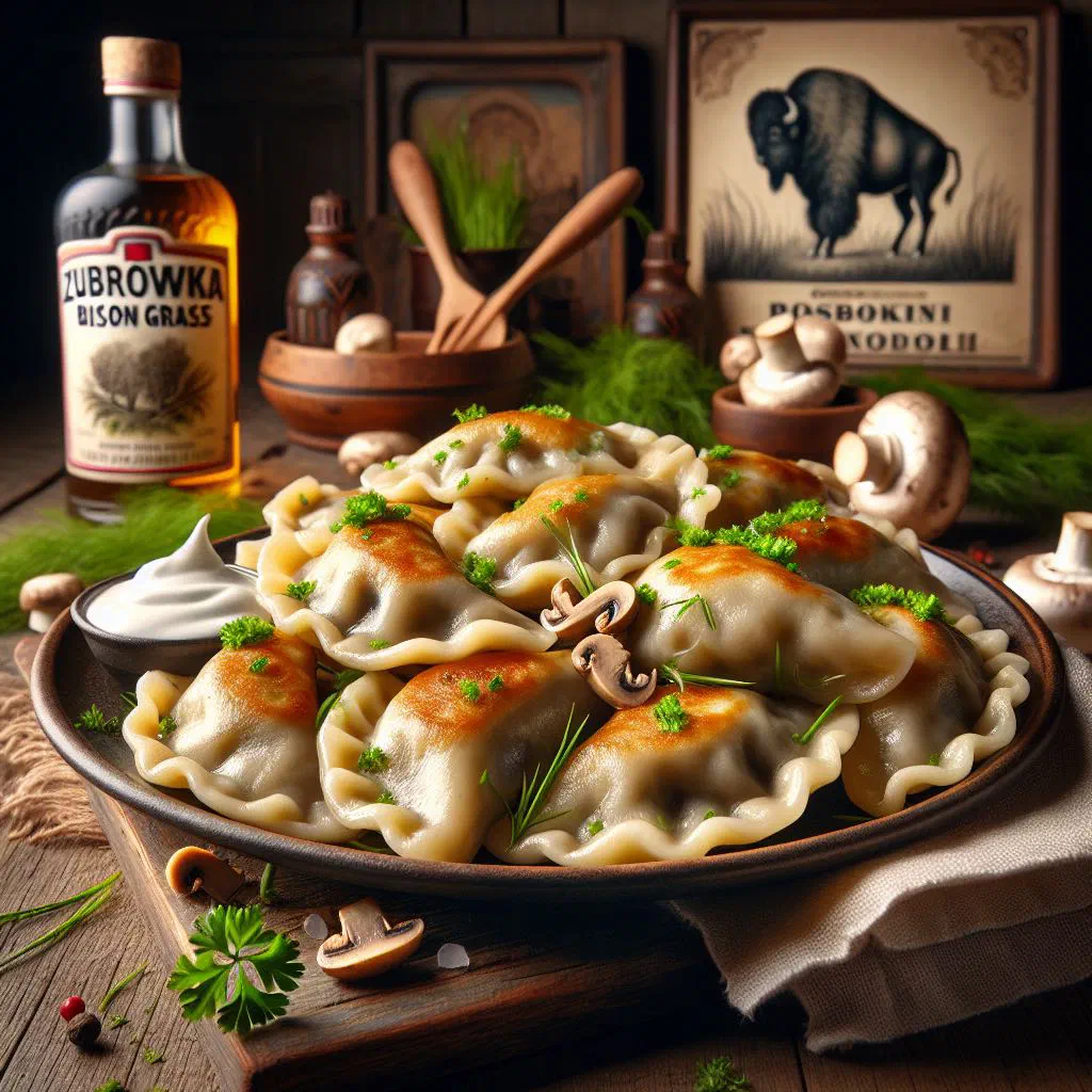 Boiled pierogi filled with cabbage and mushrooms, topped with browned butter