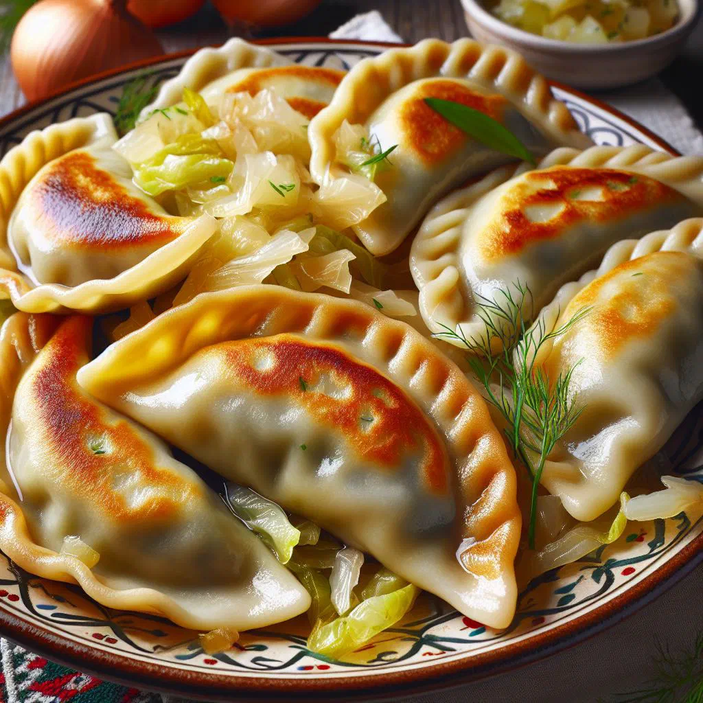 Boiled pierogi filled with sauerkraut, garnished with fresh dill