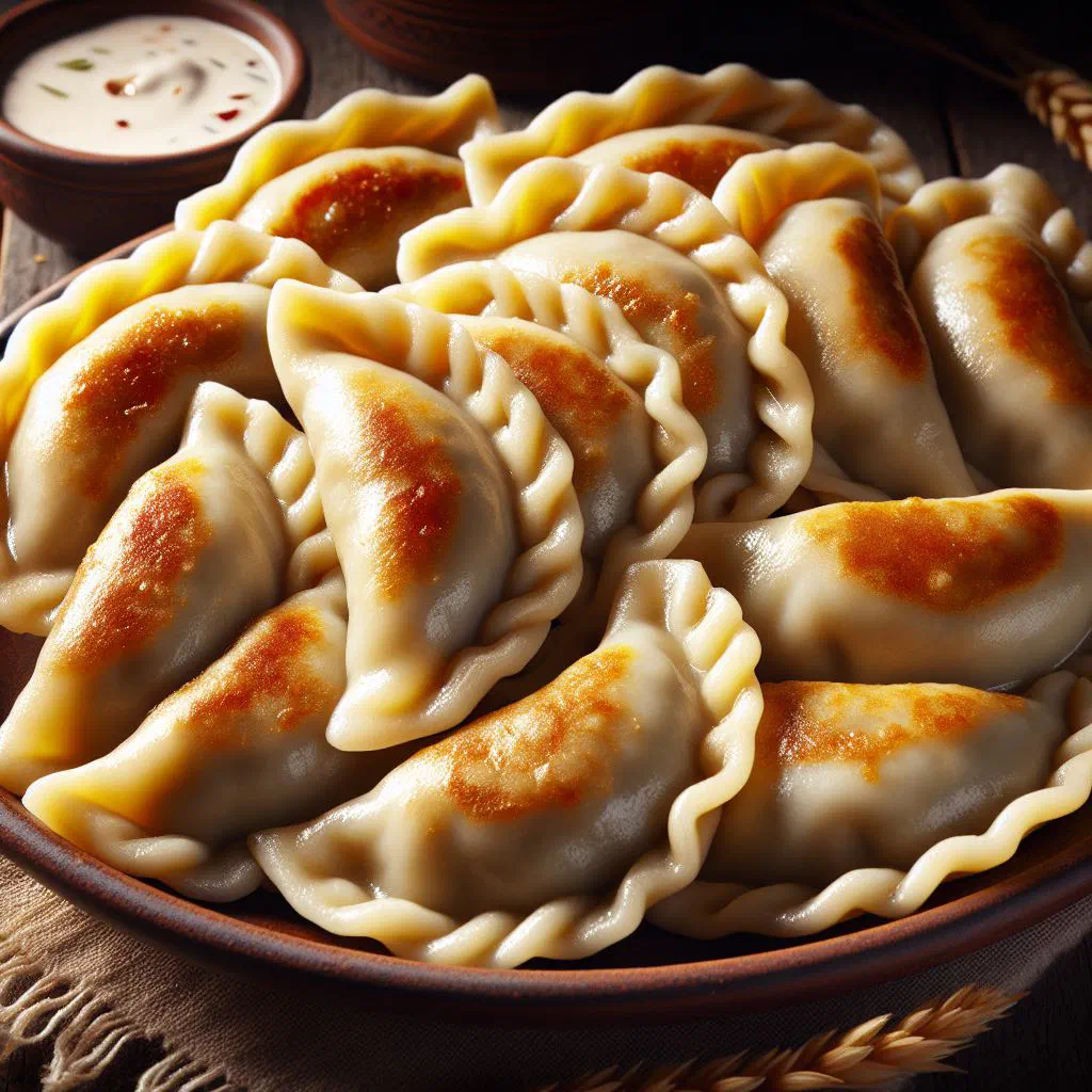Golden pan-fried pierogi filled with meat, garnished with fresh herbs