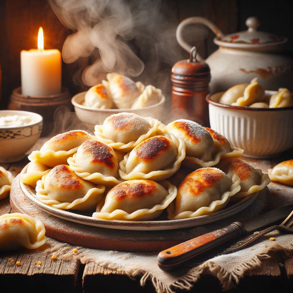 Golden baked Polish yeast dough pockets on a plate