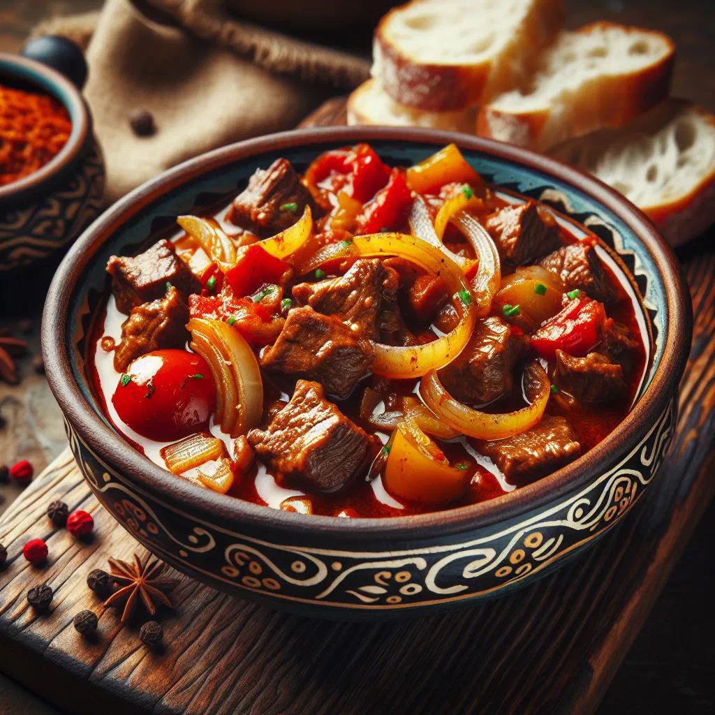 Bowl of Polish beef goulash with tender meat, peppers and carrots