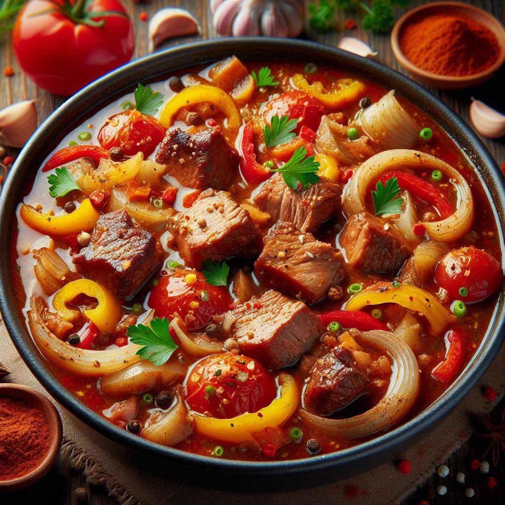 Bowl of Polish pork goulash with peppers and carrots in a rich sauce