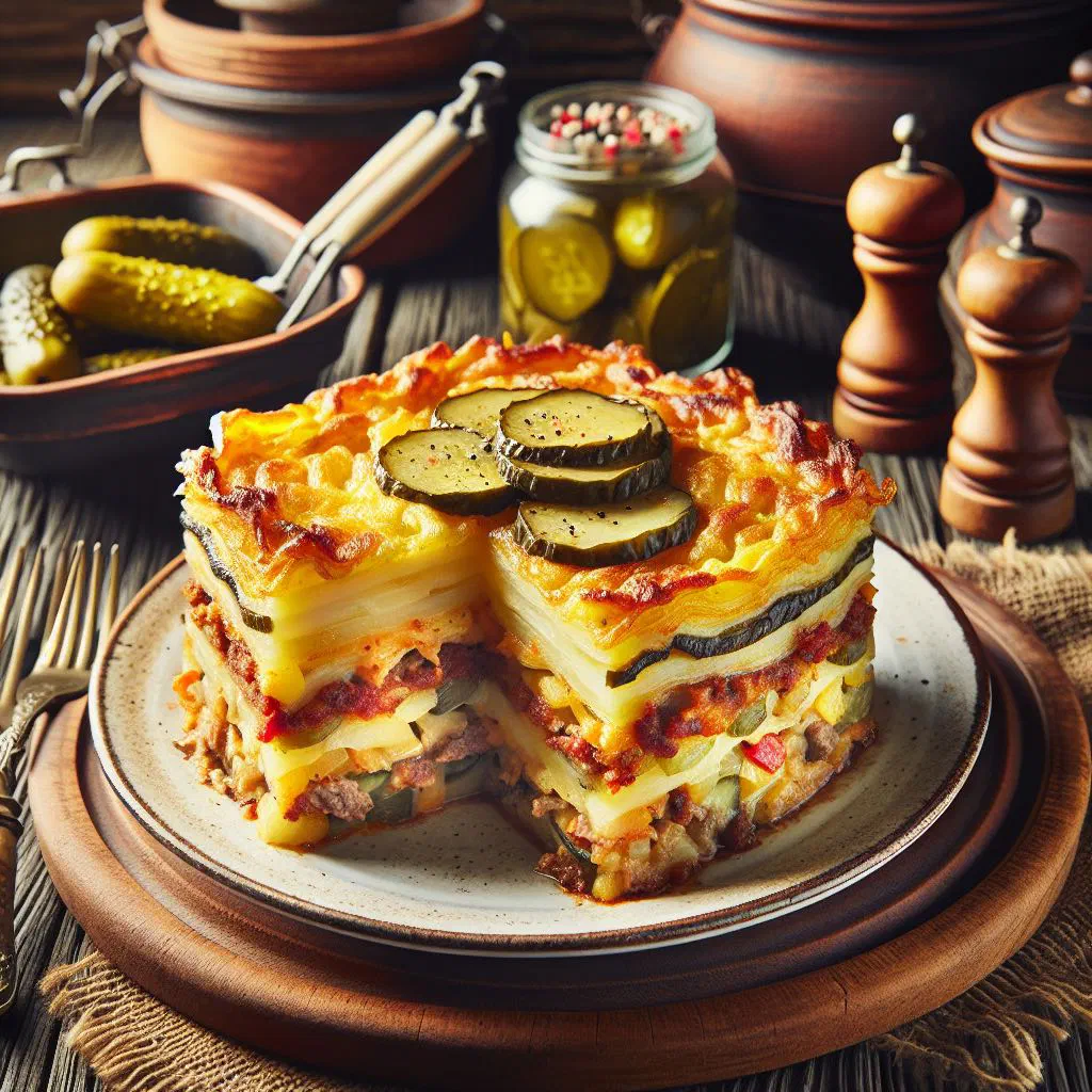 Polish potato and meat bake with a golden cheese crust in a baking dish