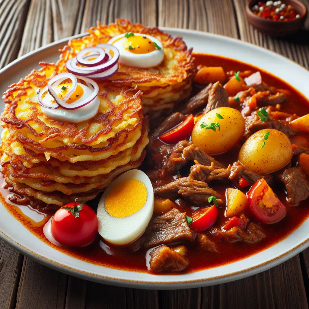 Crispy potato pancakes topped with rich beef goulash