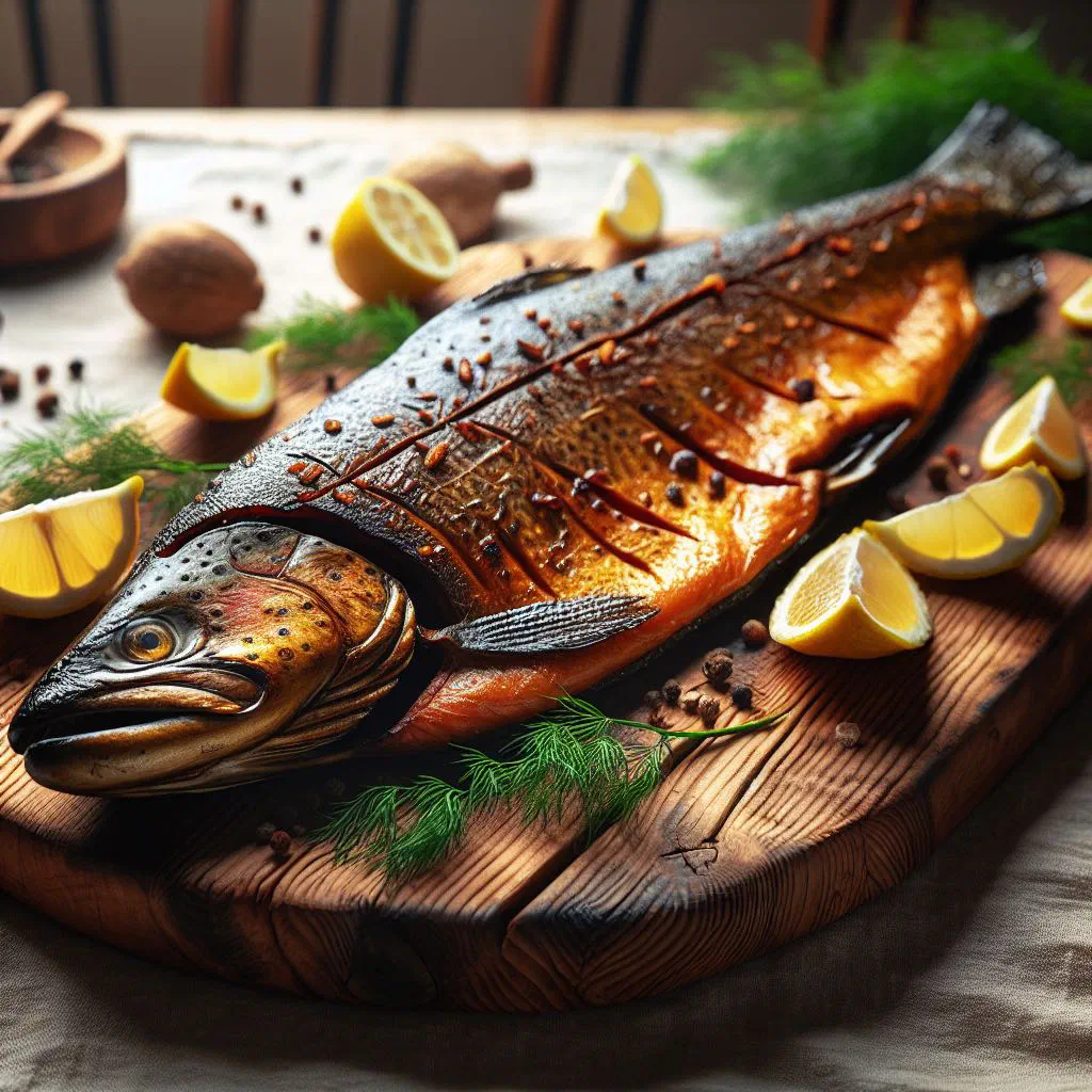 Smoked trout garnished with fresh dill and lemon slices on a wooden board