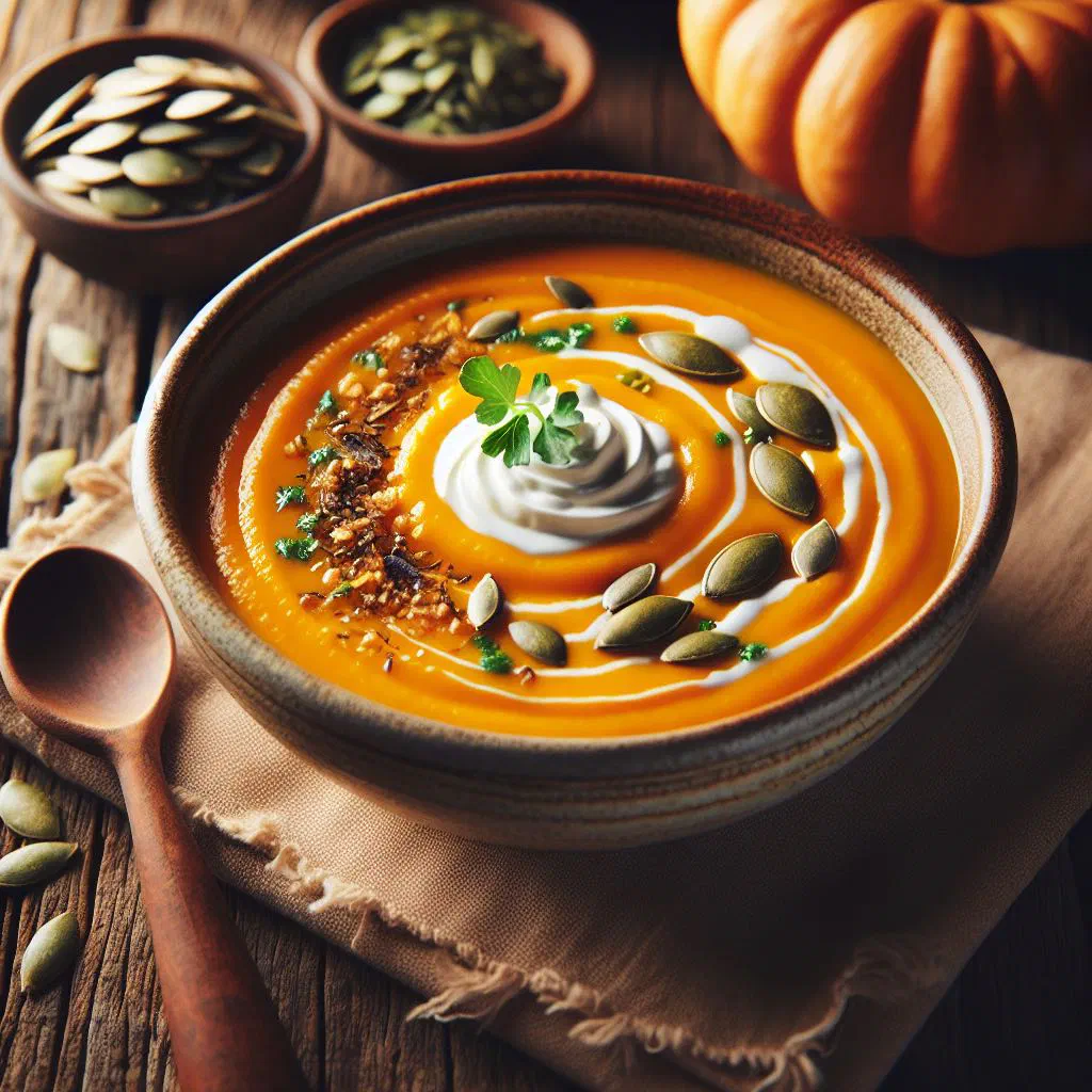 Bowl of creamy Polish pumpkin soup garnished with fresh herbs and a swirl of cream