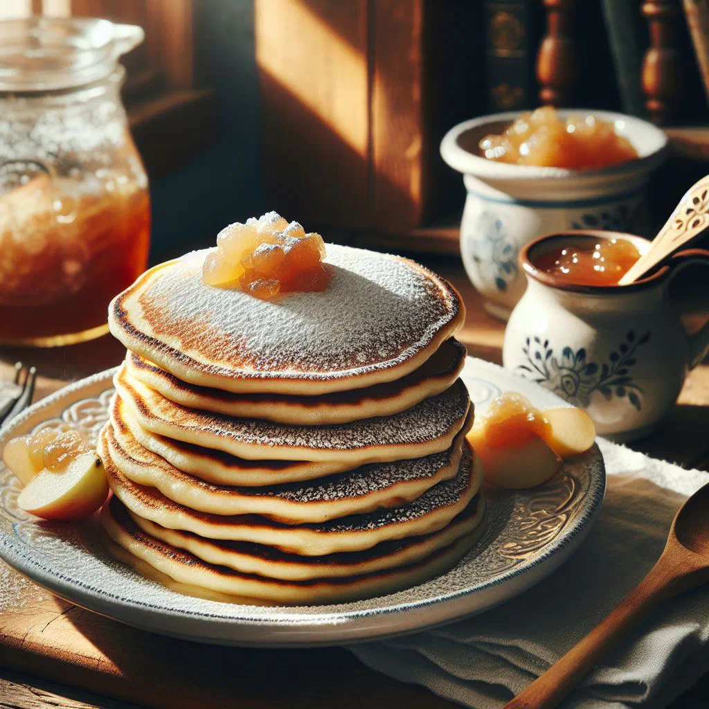 Golden fluffy Polish yeast pancakes dusted with icing sugar