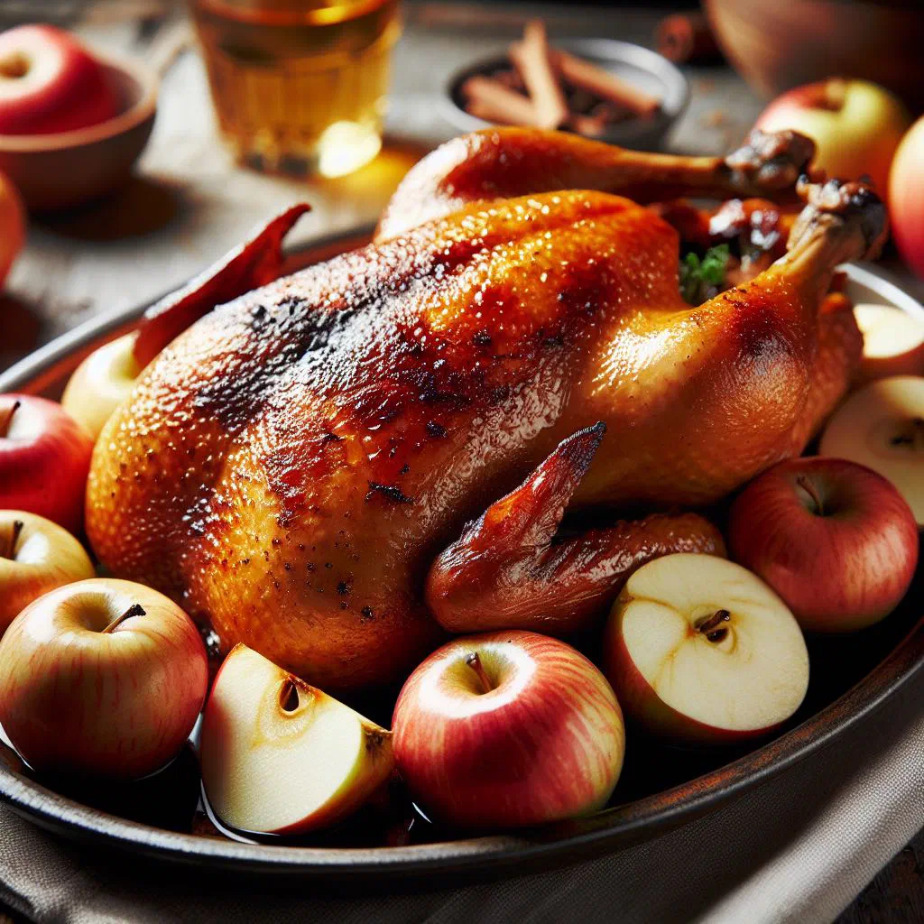 Golden roast duck stuffed with apples and onions on a serving platter
