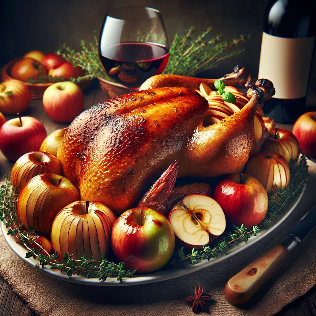 Golden roast goose stuffed with apples, garnished with fresh herbs