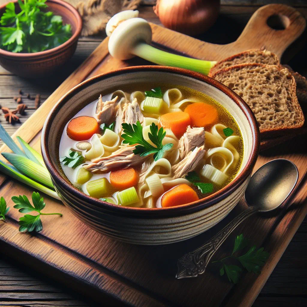 Bowl of golden Polish rosół chicken broth with noodles and parsley