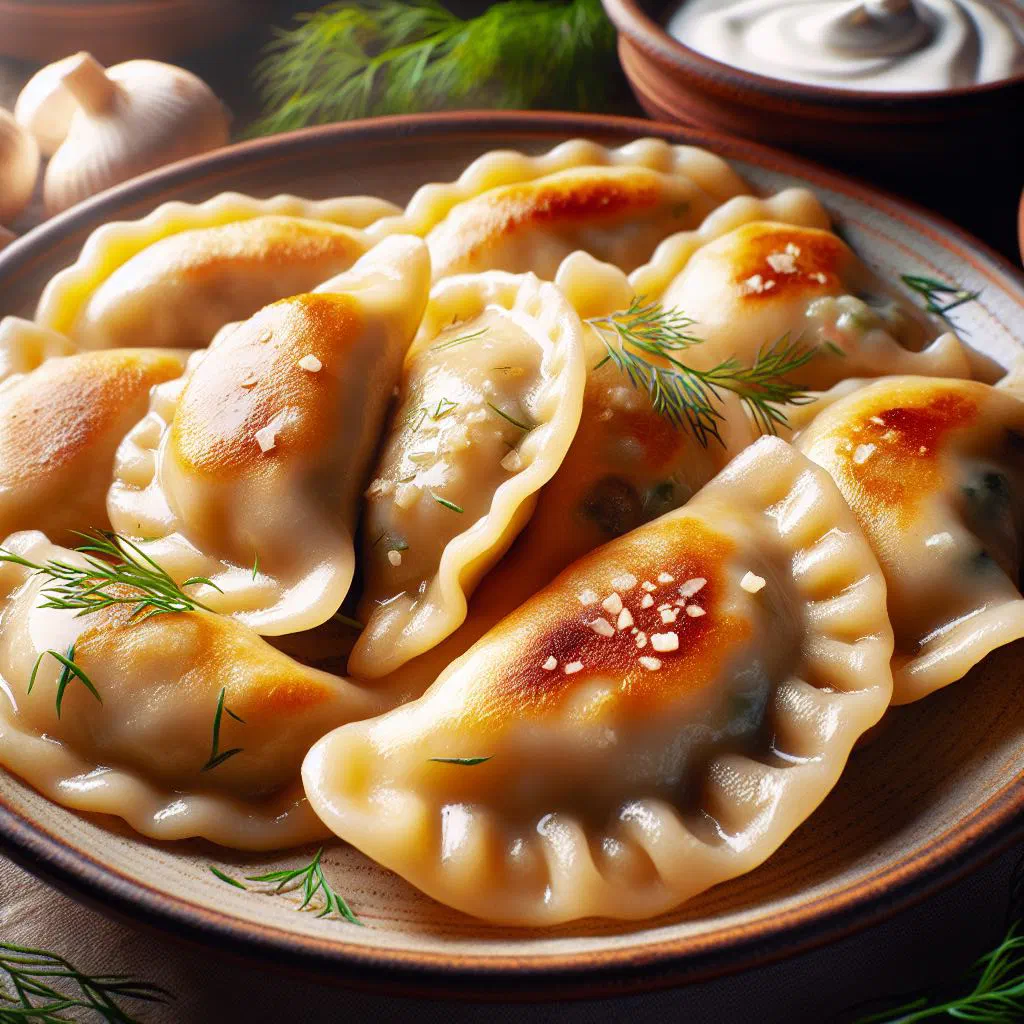 Ruskie pierogi filled with potato and quark, topped with fried onions