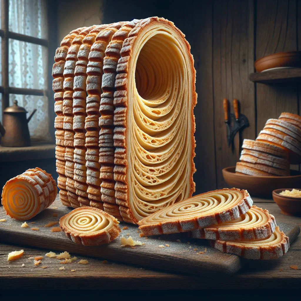Sliced Polish sękacz tree cake showing its distinctive golden layers