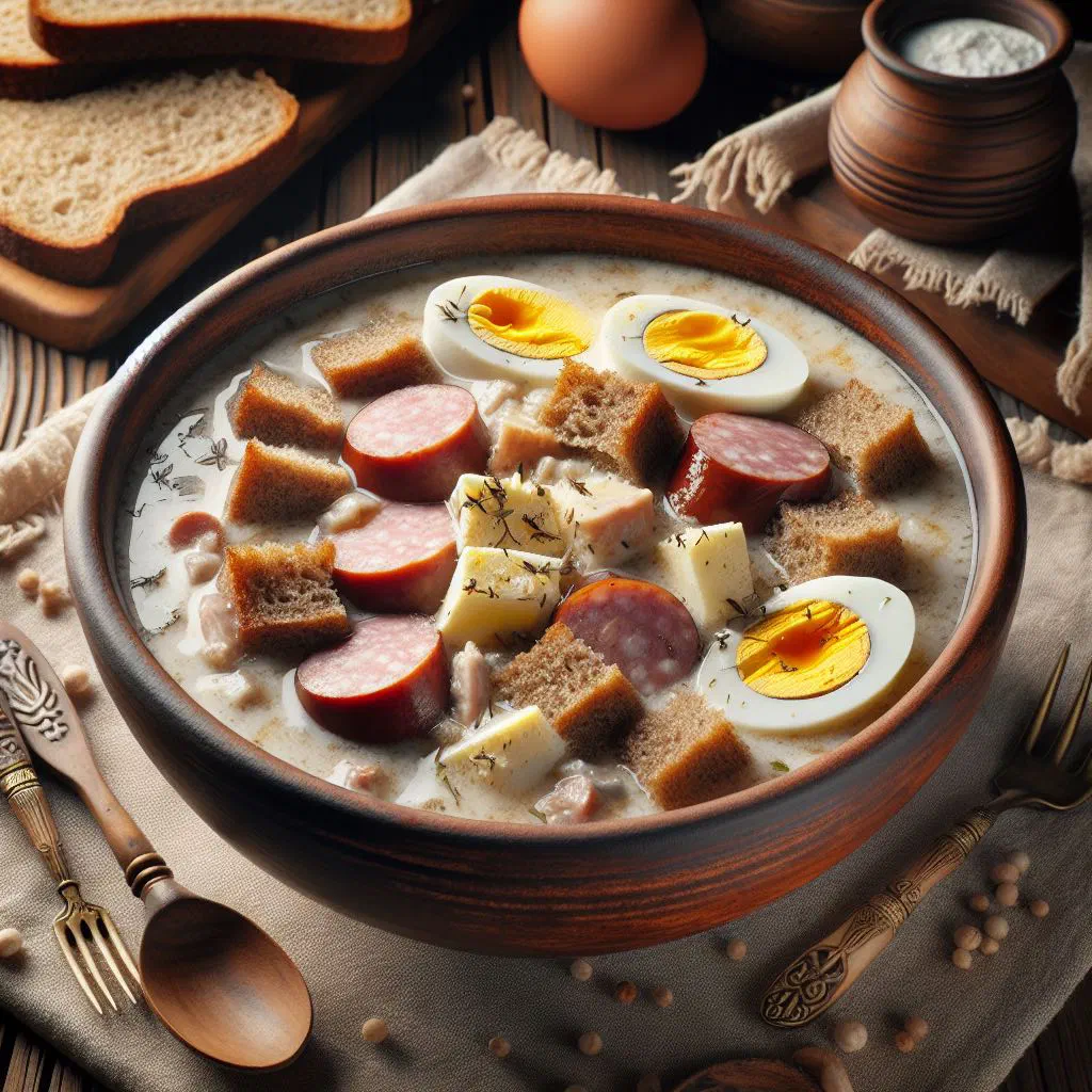 Bowl of Silesian żurek sour rye soup with sliced boiled egg and fresh herbs