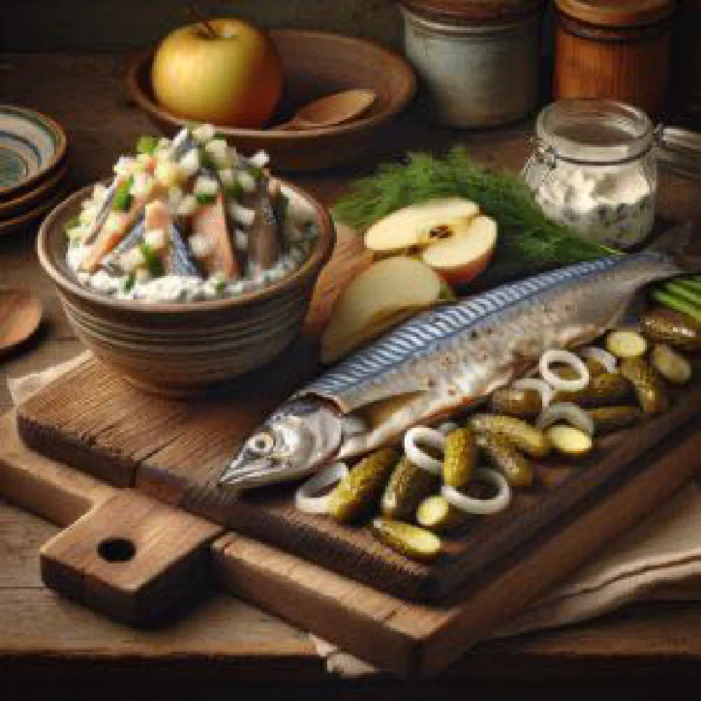 Kashubian-style marinated herring with onion rings in a glass dish