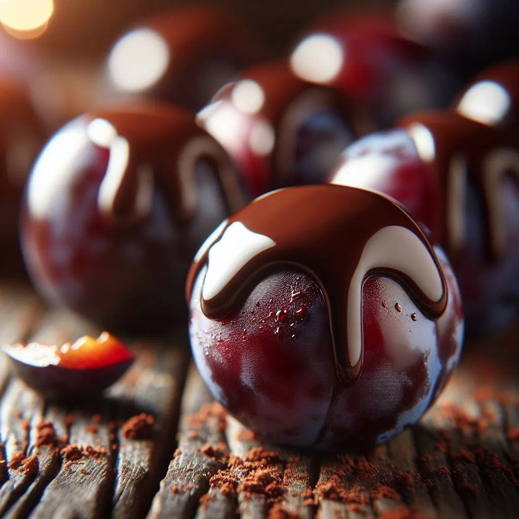 Chocolate-covered dried plums arranged on a plate and dusted with cocoa