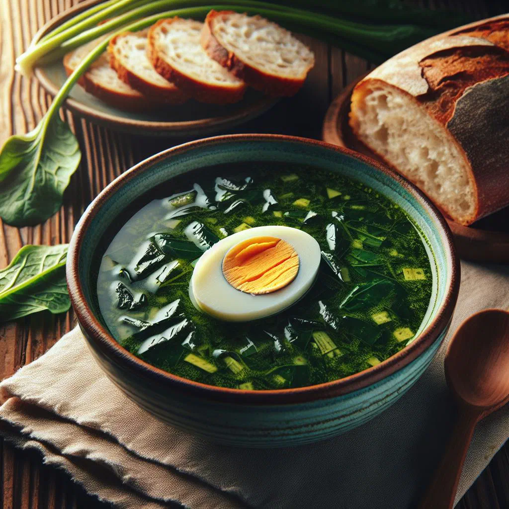 A bowl of creamy green Polish sorrel soup garnished with fresh herbs
