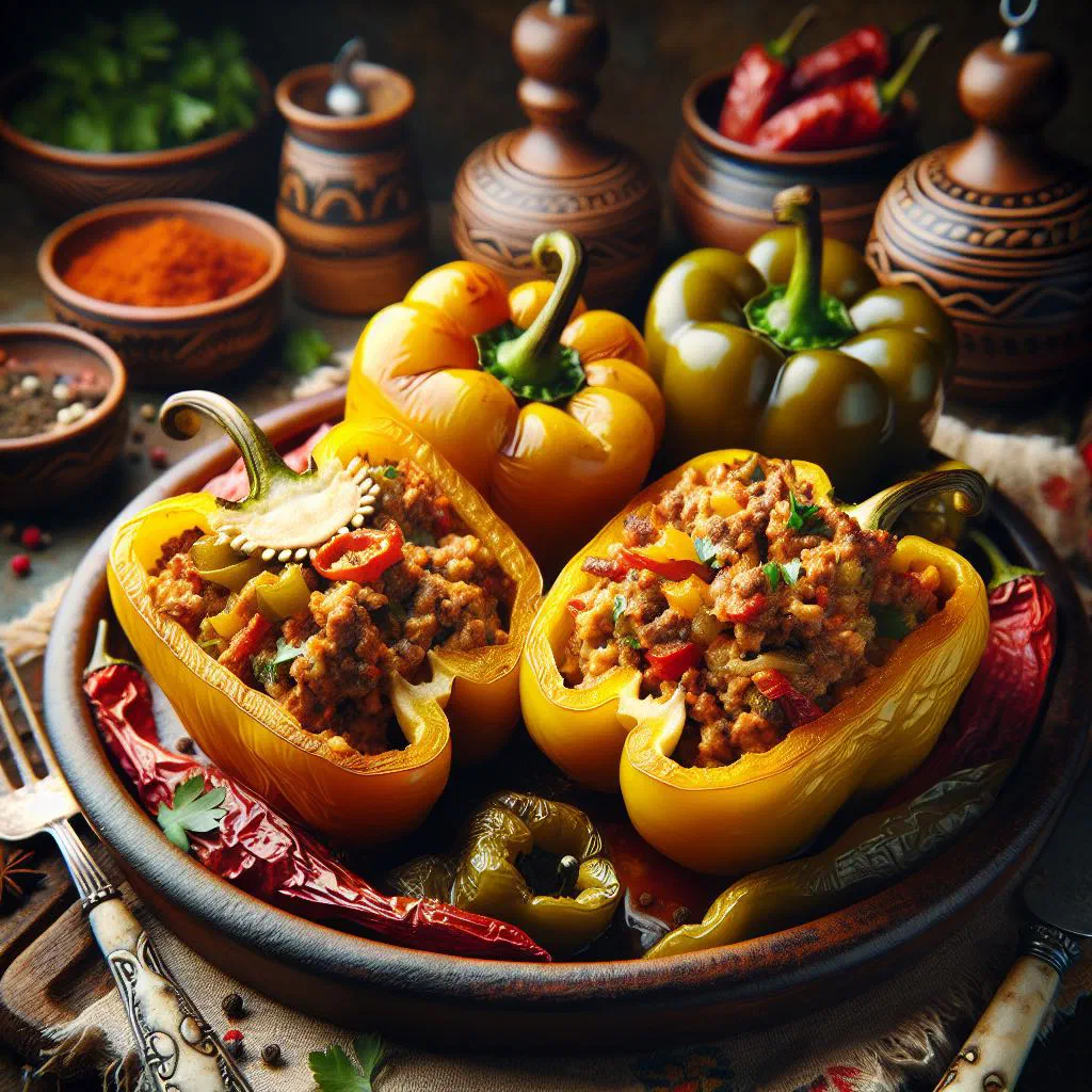 Baked stuffed peppers filled with rice and minced meat, garnished with fresh herbs