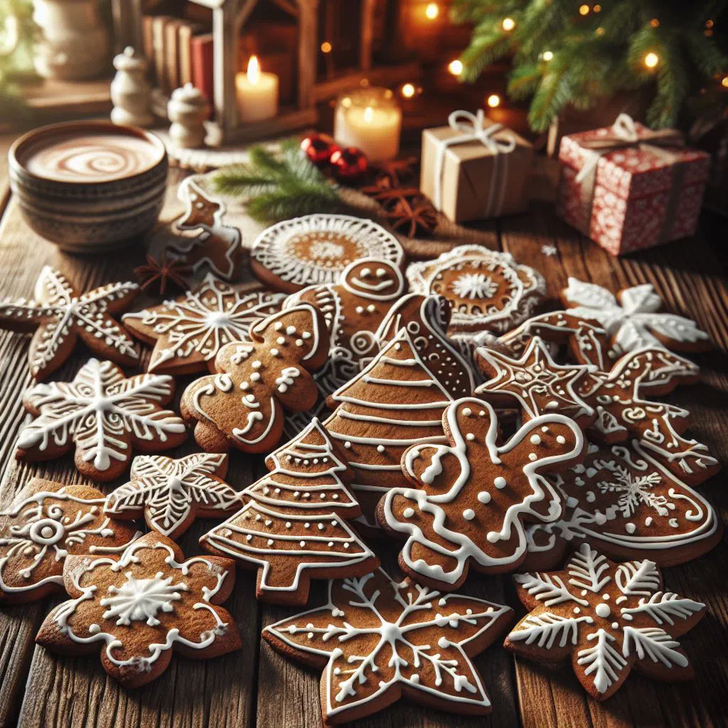 Decorated Polish Christmas gingerbread cookies dusted with icing