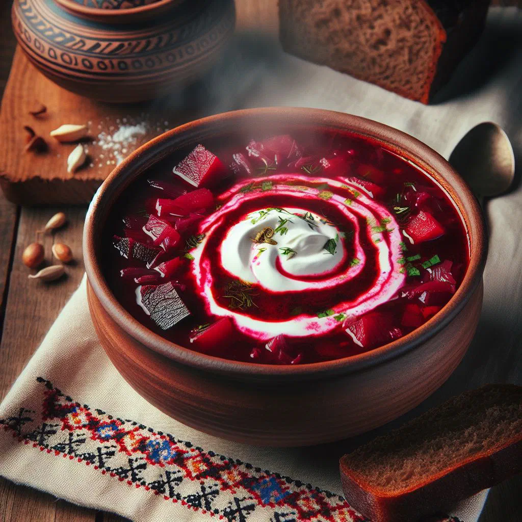 A bowl of deep-red Ukrainian borscht topped with soured cream and dill