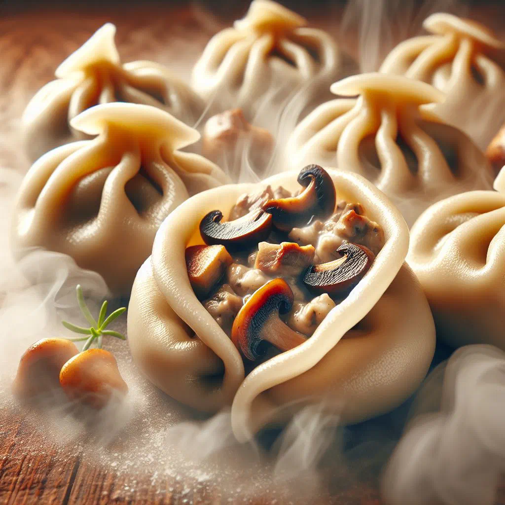 Small Polish uszka mushroom dumplings served in a clear broth