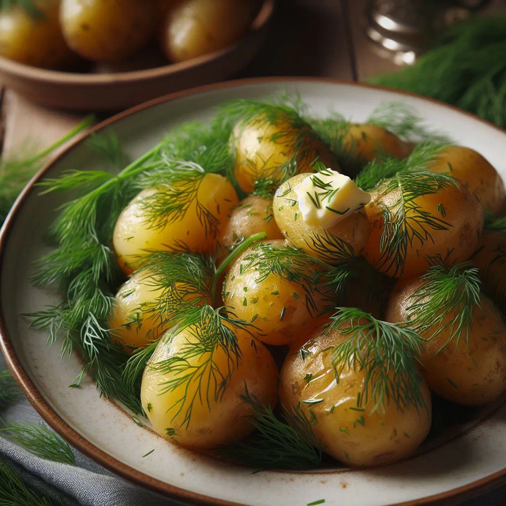 Boiled new potatoes tossed in butter and scattered with fresh dill