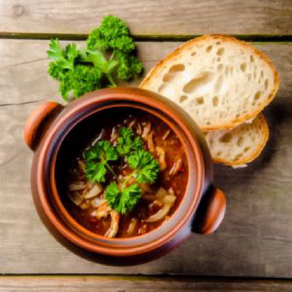 Bowl of Polish onion soup topped with melted golden cheese on toasted baguette