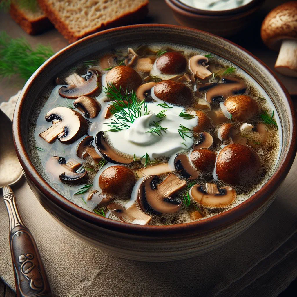 Creamy Polish mushroom soup garnished with fresh parsley in a deep bowl