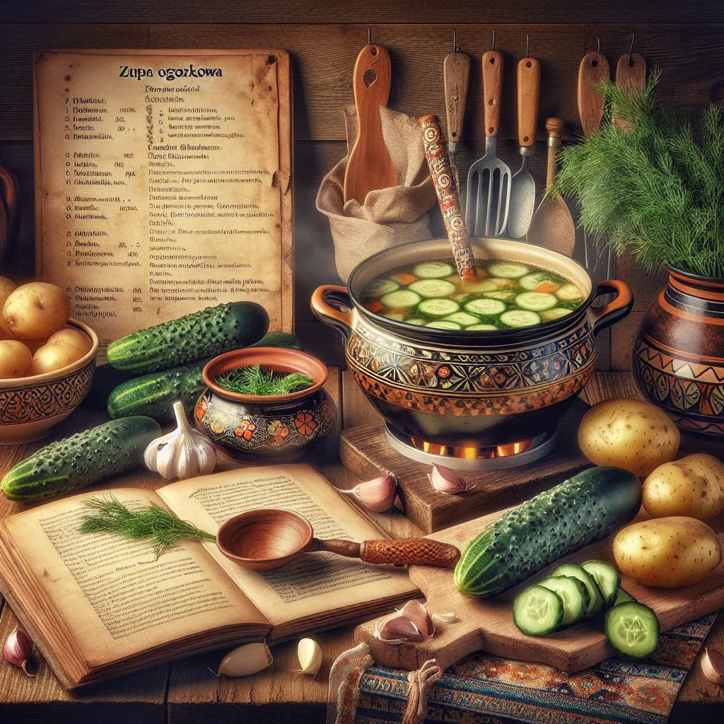Bowl of Polish sour cucumber soup garnished with fresh dill