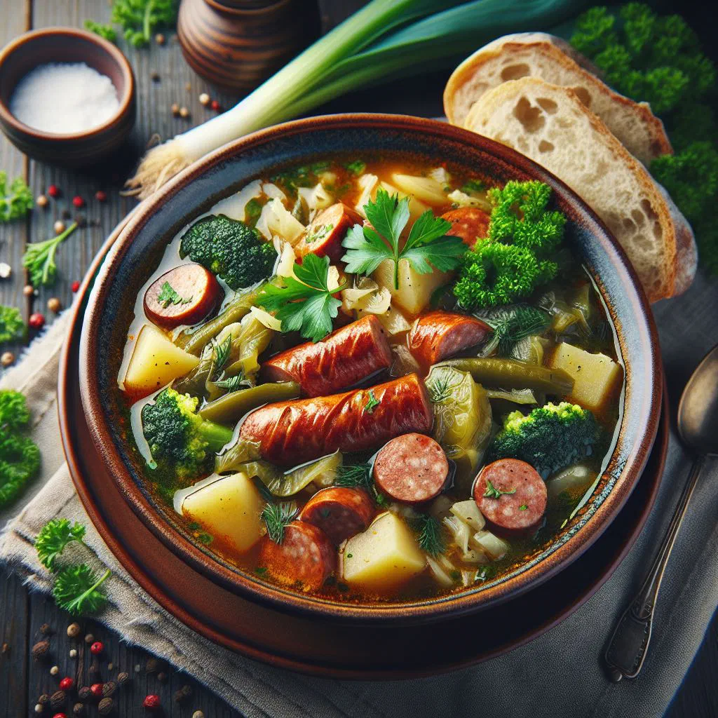 A rustic bowl of Żurek sour rye soup with sausage, topped with soured cream and dill