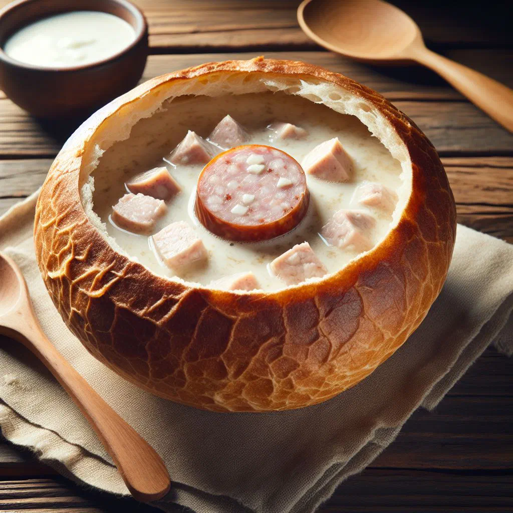 Bowl of żurek sour rye soup with slices of white sausage and fresh herbs
