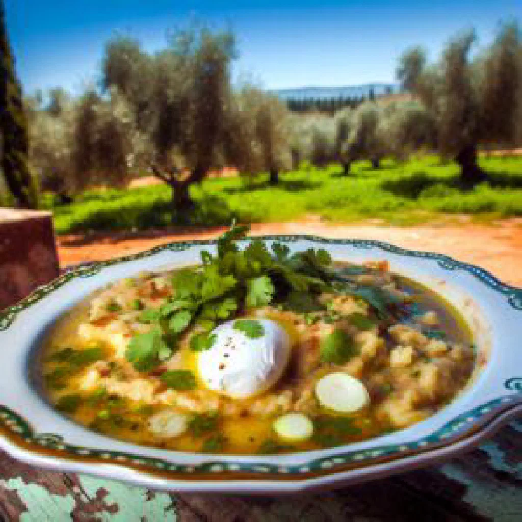 Açorda à Alentejana bread soup topped with a poached egg and fresh coriander
