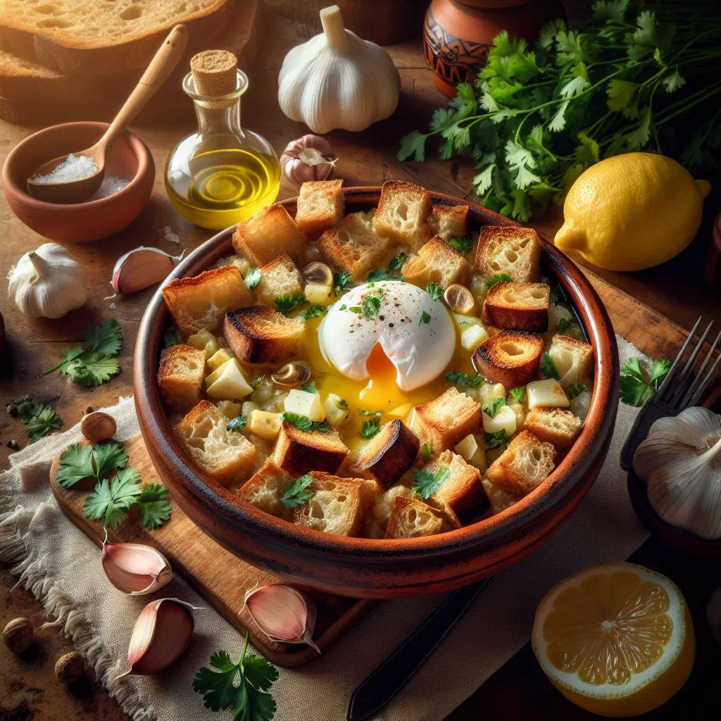 Bowl of Açorda Alentejana bread soup garnished with fresh coriander and a poached egg
