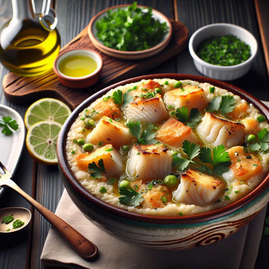 Açorda de bacalhau bread soup topped with flaked cod and fresh coriander