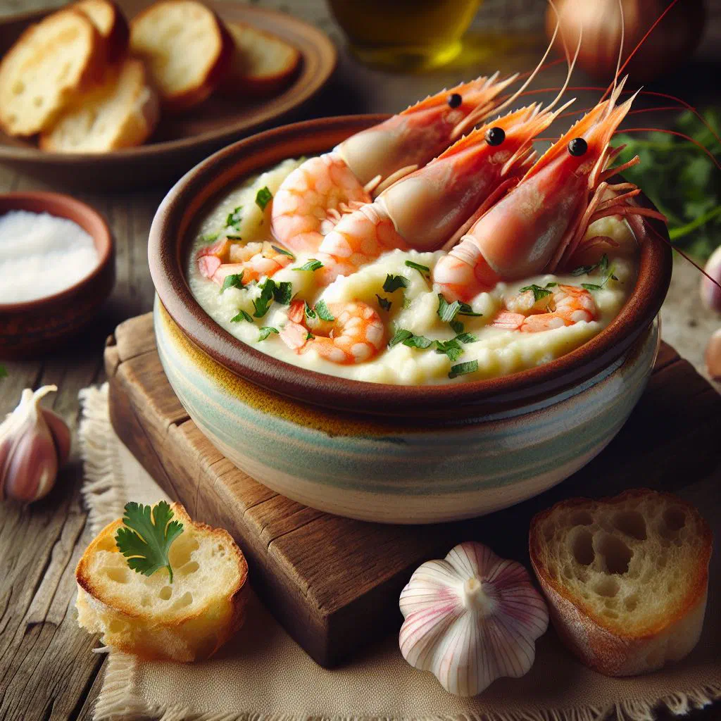Açorda de Camarão prawn and bread soup garnished with fresh coriander