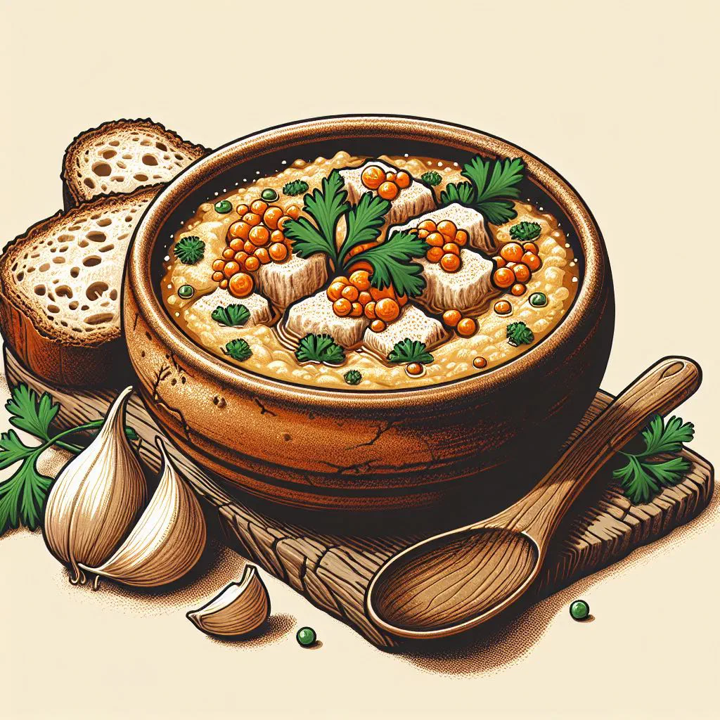 A bowl of Açorda de Ovas fish and bread soup garnished with fresh coriander