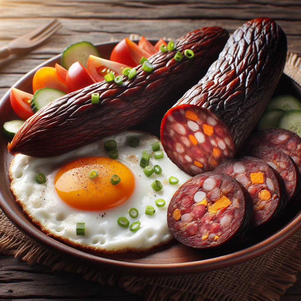 Golden fried alheira sausage topped with a fried egg and fresh herbs