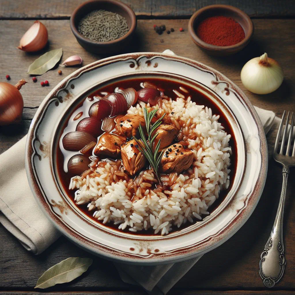 Arroz de Cabidela with tender meat and rice in a rich red wine sauce