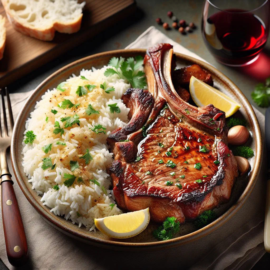 Arroz de costeletas with tender lamb chops served over tomato rice