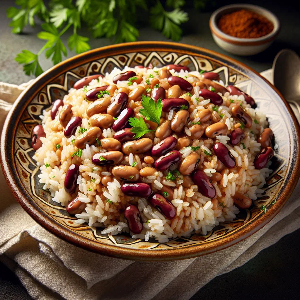 Bowl of Portuguese arroz de feijão with rice, beans and fresh herbs