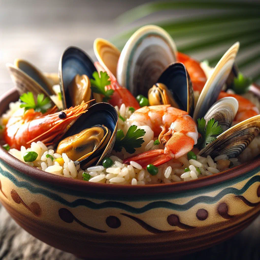 Portuguese seafood rice with prawns, mussels and squid garnished with fresh coriander