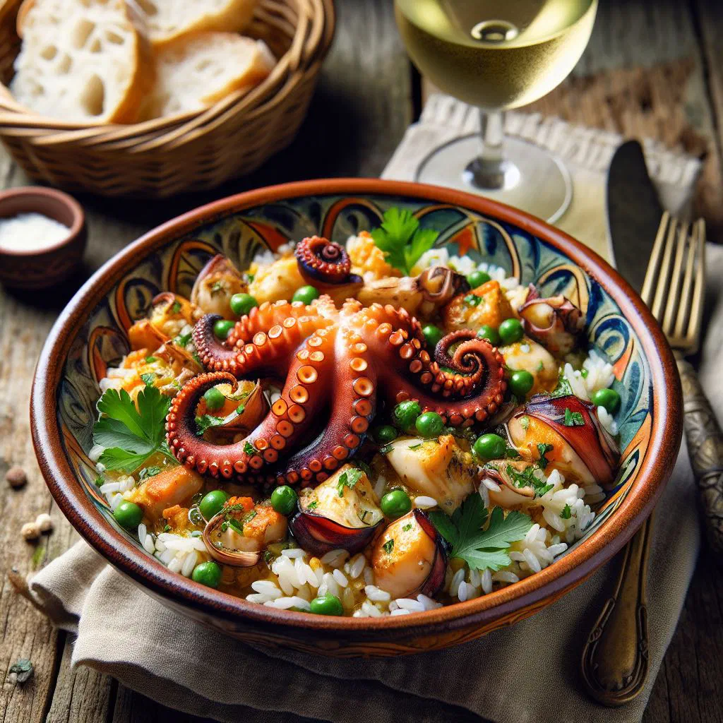 Portuguese arroz de polvo with tender octopus and rice in a bowl