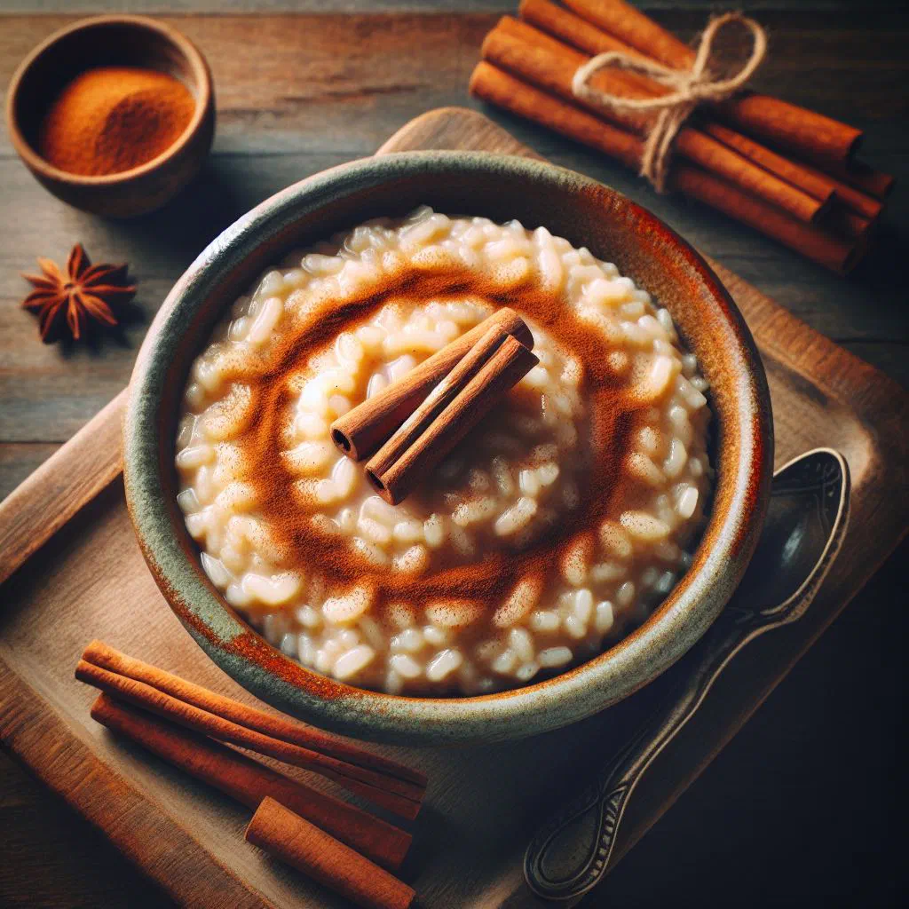 Creamy Portuguese rice pudding dusted with ground cinnamon in a bowl