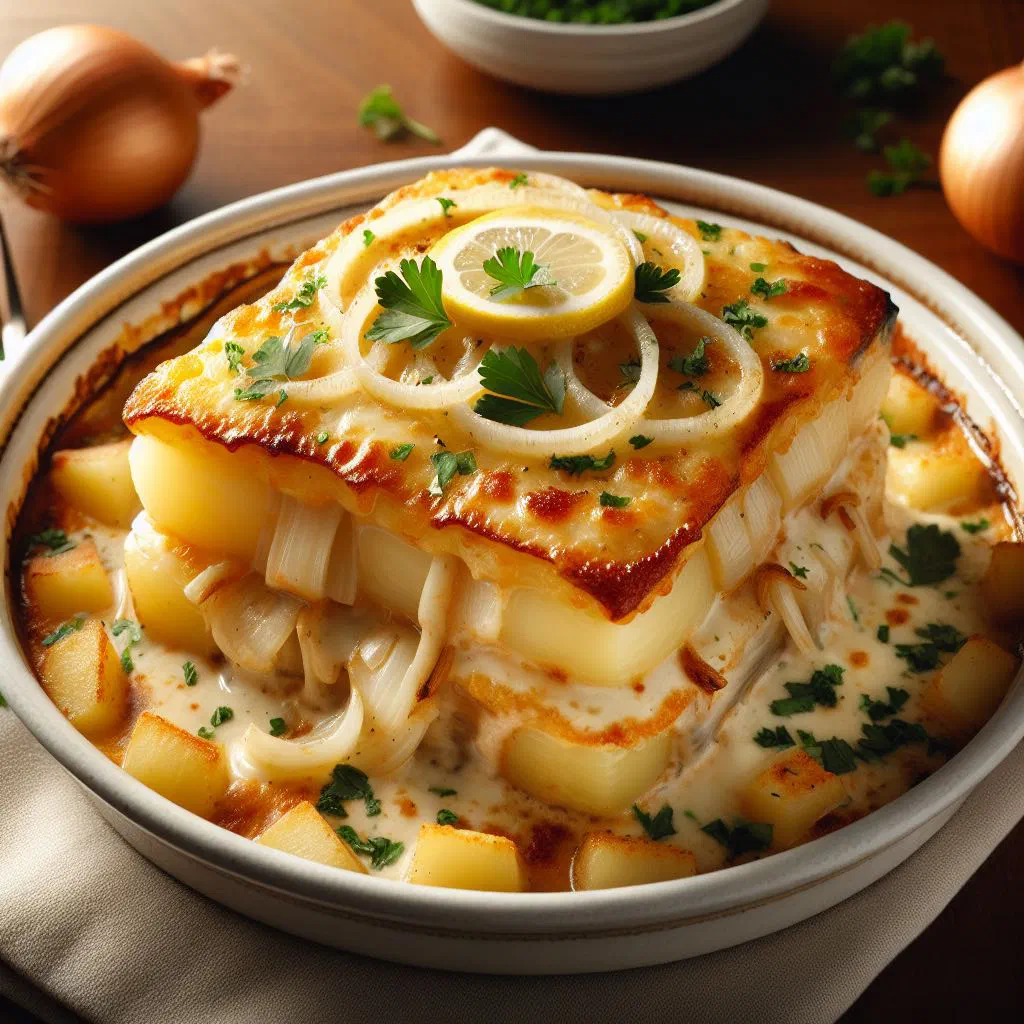 Bacalhau à Conde da Guarda with flaked salt cod, sliced potatoes and onions, garnished with parsley