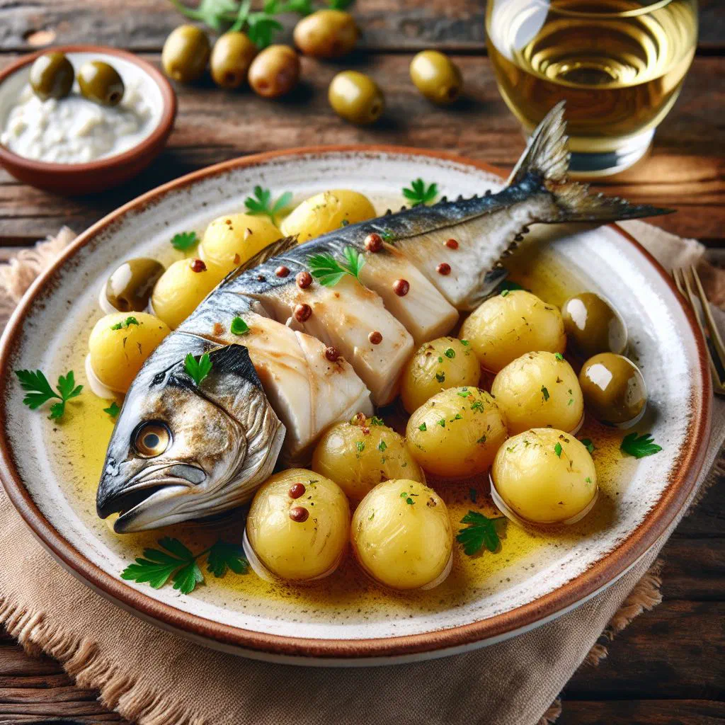 Roasted salt cod with golden potatoes, garlic and olive oil