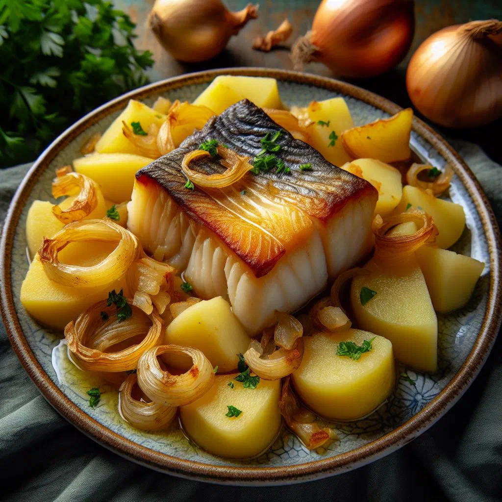 Bacalhau à Minhota with golden potatoes, onions and fresh parsley
